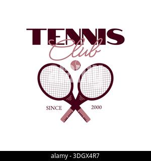 Logo per il tennis club. Words TENNIS Club con palla da tennis e due racchette da tennis incrociate nei colori rosa, bianco e marrone. Illustrazione Vettoriale