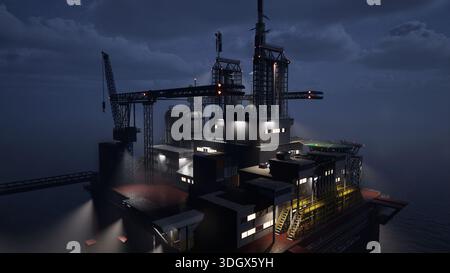 Massiccio impianto offshore in oceano che fa sfruttamento della benzina, illuminando il cielo buio di notte. Piattaforma marittima in acciaio in acque profonde dotata di infrastrutture di perforazione per operazioni sui fondali marini Foto Stock