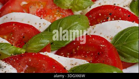 Piatto colorato a fette di pomodoro e basilico, mozzarella fresca di pomodoro brillante con basilico e olio d'oliva Foto Stock