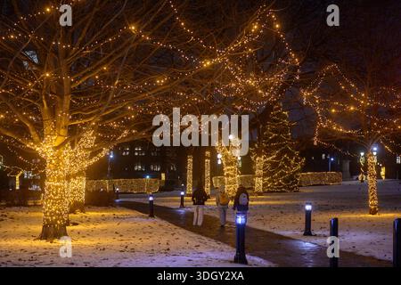Toronto, ON, Canada - 19 dicembre 2025: Persone che camminano su un sentiero innevato, godendosi le luci delle vacanze serali che illuminano gli alberi all'Assemblea legislativa Foto Stock