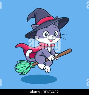 Carino gatto delle streghe che vola su Broomstick Cartoon Illustration per Halloween e Kids Design Illustrazione Vettoriale