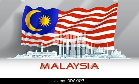Celebrazione dell'anniversario dell'indipendenza giornata nazionale in Malesia sfondo bandiera con i monumenti di viaggio architettura della Malesia a kuala lumpur con orig Illustrazione Vettoriale