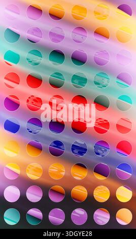 Illustrazione 3D: Sfondo con cerchi e strisce ondulate multicolore, sfondo futuristico. Foto Stock