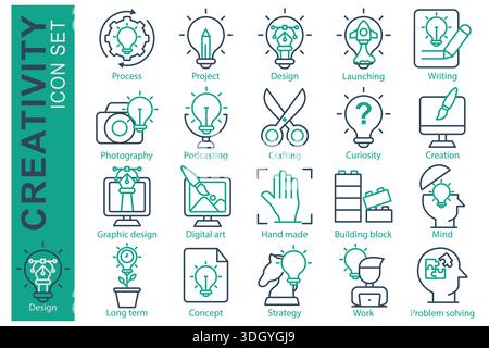 Set di icone della creatività. Stile icona linea. Contenente Icon Process, Project, Problem Solving e altro ancora. Illustrazione vettoriale elemento creatività Illustrazione Vettoriale