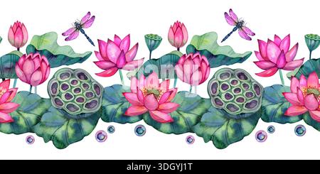 Romantico bordo floreale ad acquerello con fiori di loto, libellule e goccioline d'acqua in fiore. Design orizzontale continuo dipinto a mano per zen Foto Stock