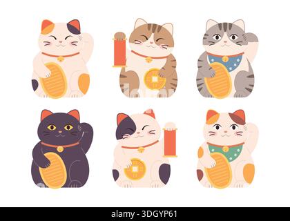 I gatti neko della fortuna giapponese Maneki impostano l'illustrazione vettoriale. Buona fortuna e fortuna simboli asiatici. Illustrazione Vettoriale