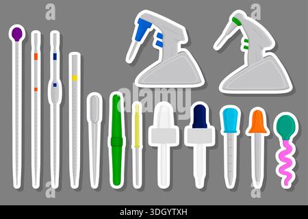 Illustrazione sul tema grande kit pipetta medica diversa, contagocce per laboratorio. Contagocce modello costituito da molte pipette mediche da laboratorio sul retro Illustrazione Vettoriale