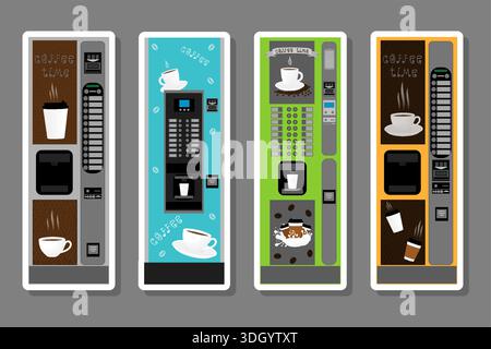 Icona a figura sul tema Set grande di colori diversi tipi di macchina per il caffè, distributore automatico con logo di nuove dimensioni, motivo del caffè composto da accessorio di raccolta a. Illustrazione Vettoriale