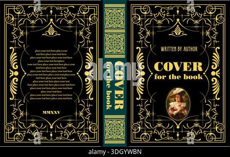 Elegante copertina del libro con intricati ornamenti dorati su sfondo nero, perfetta per un look vintage o classico Illustrazione Vettoriale