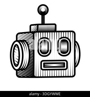 illustrazione della testa di robot retrò in stile vintage, grafica vettoriale in bianco e nero, disegno con incisione sulla mascotte dei personaggi fantascientifici Illustrazione Vettoriale