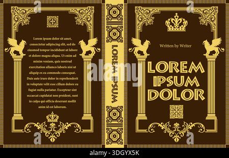 Copertina di libri antichi decorata con griffini, colonne e motivi intricati Illustrazione Vettoriale