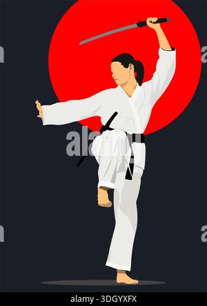 Una donna che indossa un keikogi bianco e una cintura nera pratica il kendo Illustrazione Vettoriale