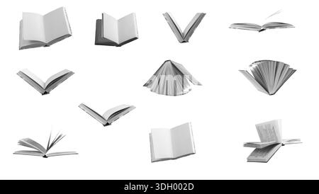 Raccolta di libri aperti disposti in diverse posizioni dinamiche su sfondo bianco. Le pagine sono distribuite in varie angolazioni, creando una c Foto Stock