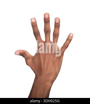 Mano aperta con cinque dita diffuse in gesto naturale, simbolo di saluto, arresto o comunicazione, movimento espressivo e interazione umana. Isolato Foto Stock