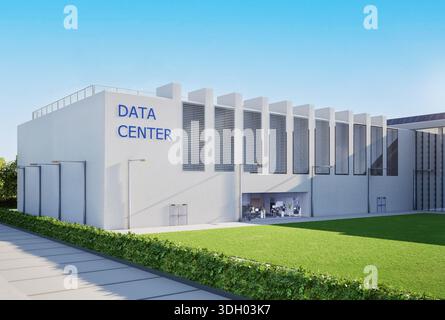 rendering 3d dell'edificio esterno del data center contro il cielo blu Foto Stock
