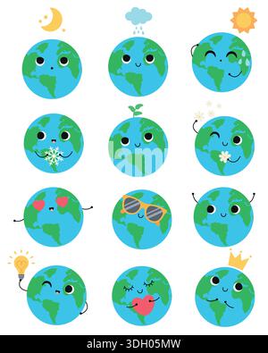 Un semplice set di simpatici personaggi sul pianeta Terra. Illustrazione disegnata a mano. Giornata della Terra. Caratteri isolati. Illustrazione a cartoni animati. Illustrazione Vettoriale