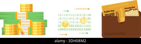 Concetto di tecnologia Crypto Currency. Criptovaluta Bitcoin Exchange dal portafoglio personale al denaro contante. Illustrazione vettoriale isolata Illustrazione Vettoriale