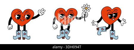 Set di illustrazioni di personaggi a forma di cuore dai colori vivaci Illustrazione Vettoriale