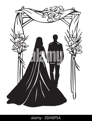 Profilo nero degli sposi con arco nuziale con fiori. Sposo e sposo illustrativo per il matrimonio Illustrazione Vettoriale