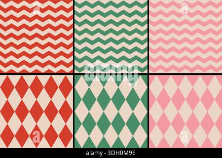 Set vettoriale di motivi geometrici classici retrò per Natale e Capodanno. Motivo vintage a zig zag senza cuciture e a litigi per le vacanze invernali. Illustrazione Vettoriale