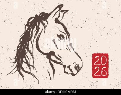 Illustrazione vettoriale vintage della testa di cavallo in stile sumi-e asiatico per il nuovo anno cinese 2026. Testa di cavallo vettoriale come simbolo 2026 anno nel calendario lunare. Illustrazione Vettoriale