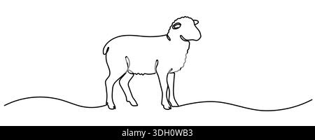 Un design minimalista, eseguito in linee continue, raffigura un agnello o una pecora. Perfetto come concetto di Pasqua. Traccia modificabile. Illustrazione Vettoriale