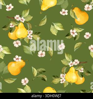 Illustrazione disegnata a mano di un motivo senza cuciture con pere gialle, fiori delicati e foglie verdi su sfondo verde oliva Foto Stock