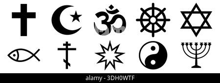 Set di segni religiosi. Collezione di simboli di varie icone di religione e fede isolato su sfondo blu Vector Illustration. Islam, Cristianesimo, J Illustrazione Vettoriale