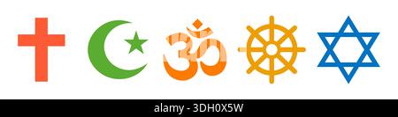 Set di segni religiosi. Collezione di simboli di varie icone di religione e fede isolato su sfondo blu Vector Illustration. Islam, Cristianesimo, J Illustrazione Vettoriale