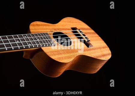 Un classico ukulele acustico marrone con corde di legno bianche e uno sfondo nero, come uno strumento musicale folk, pronto a suonare un conce jazz e rock Foto Stock