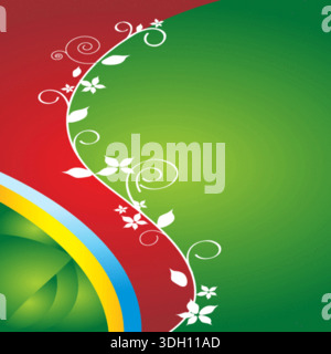 Sfondo floreale astratto con design ondulato verde e rosso caratterizzato da elementi bianchi di vite e fiori Illustrazione Vettoriale