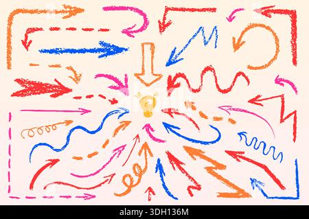 Collezione di frecce di pastelli disegnate a mano - linee in stile gesso con tratti di pennello testurizzati. Puntatori direzionali vettoriali, tracciati curvi, cornici e scarabocchi a bulbo luminoso per una presentazione divertente. Illustrazione Vettoriale