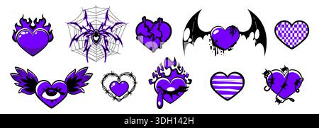 Disegni di tatuaggi Goth Heart con elementi gotici emo y2k: Cuori spezzati, simboli alati di pipistrello, cornici di filo spinato e icone brucianti. Grafica vettoriale viola con fiamme di fuoco tribali per uno stile dark romantico Illustrazione Vettoriale