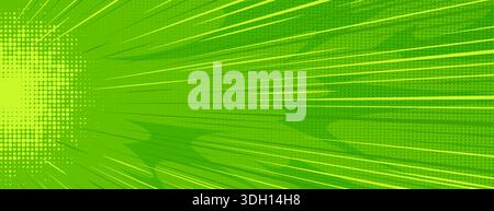 Sfondo fumetto verde con texture a mezzitoni pop art e motivo Starburst. Stile cartoon retrò con raggi radiali, effetto punteggiato e design Sunburst. Sfondo astratto brillante per poster da supereroi. Illustrazione Vettoriale