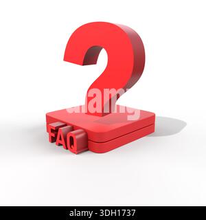 domande frequenti e punto interrogativo su sfondo bianco. domande frequenti sull'illustrazione 3d rossa. informazioni sulle domande frequenti sul rendering 3d. Foto Stock