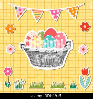 Deliziose uova di Pasqua in un cestino, biglietto di auguri vettoriale a mezzo tono su sfondo giallo Illustrazione Vettoriale