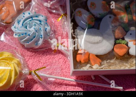 Meringa blu e biscotti al pan di zenzero a forma di oca in una confezione regalo in fiera. Concetto di dolci artigianali per le vacanze, prelibatezze per le feste primaverili e un Foto Stock
