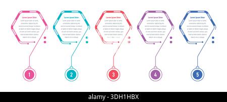 modello infografico. modello informativo a cinque passi di triangoli dorati colorati. modello infografico per aziende, istruzione, tecnologia, settore Illustrazione Vettoriale