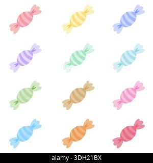 Un'affascinante collezione di caramelle a righe pastello. Presenta varie forme e colori tenui, ideale per il marchio di negozi di dolci, articoli di cancelleria per feste, marinai Illustrazione Vettoriale