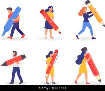 Set di sei caratteri con penne e matite di grandi dimensioni. Illustrazioni vettoriali piatte che simboleggiano l'istruzione, la creatività e il lavoro di squadra. Illustrazione Vettoriale