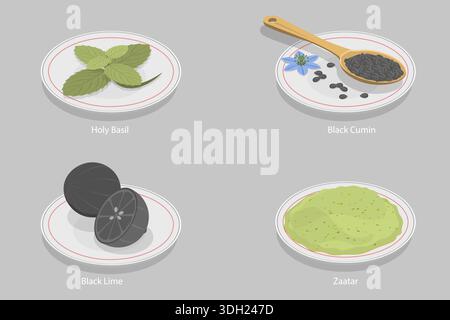 Illustrazione vettoriale piatto isometrico 3D di condimento delle erbe speziate ingredienti di cucina tradizionale, set di spezie esotiche Foto Stock