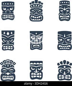 Set di nove silhouette di maschere tiki con volti feroci. Design vettoriale tribale polinesiano per tatuaggi, poster e opere d'arte culturali Illustrazione Vettoriale