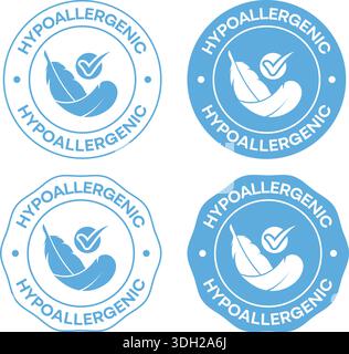 Badge certificato ipoallergenico – sigillo di sicurezza per pelli sensibili con piume e segno di spunta per l'etichettatura dei prodotti cosmetici Illustrazione Vettoriale