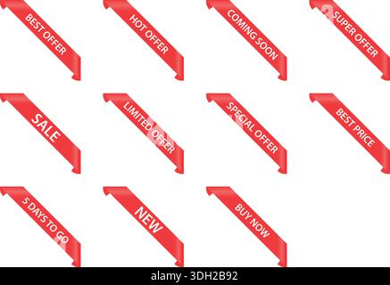 Set di nastri promozionali con angolo rosso – banner di vendita scontati ed etichette di marketing per offerte di vendita al dettaglio e-commerce Illustrazione Vettoriale