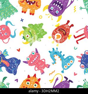 Mostro a matita con motivo senza cuciture. Pastello che disegna mostri e alieni, fantasia colorata personaggi insoliti. Modello di stampa per tessuto, tessuto, neoterico Illustrazione Vettoriale