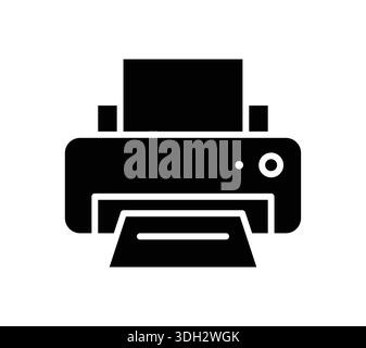 Questa icona nera con la silhouette rappresenta una stampante moderna con un foglio di carta in uscita. Ideale per la tecnologia e i temi legati all'ufficio. Illustrazione Vettoriale