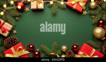 Cornice natalizia realizzata con rami di abete, decorazioni rosse, scatole regalo e coni di pino su sfondo verde. Felice anno nuovo e vacanze invernali. Foto Stock
