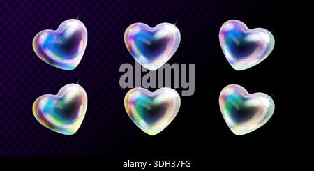 cuore di sapone 3d. Cuori realistici a bolle vetro trasparente, adorano l'icona astratta del palloncino d'acqua effetto sovrapposizione arcobaleno san valentino Concept design esatto illustrazione vettoriale grafica originale Illustrazione Vettoriale