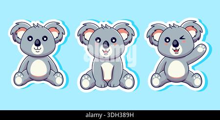 Simpatico cartoni animati Koala in posa seduta Set adesivi Vector Illustration Illustrazione Vettoriale