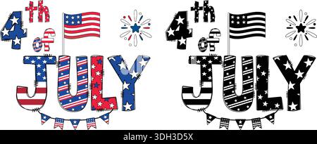 4 luglio testo e grafica con elementi di bandiera americana e fuochi d'artificio in rosso, bianco e blu. Illustrazione Vettoriale